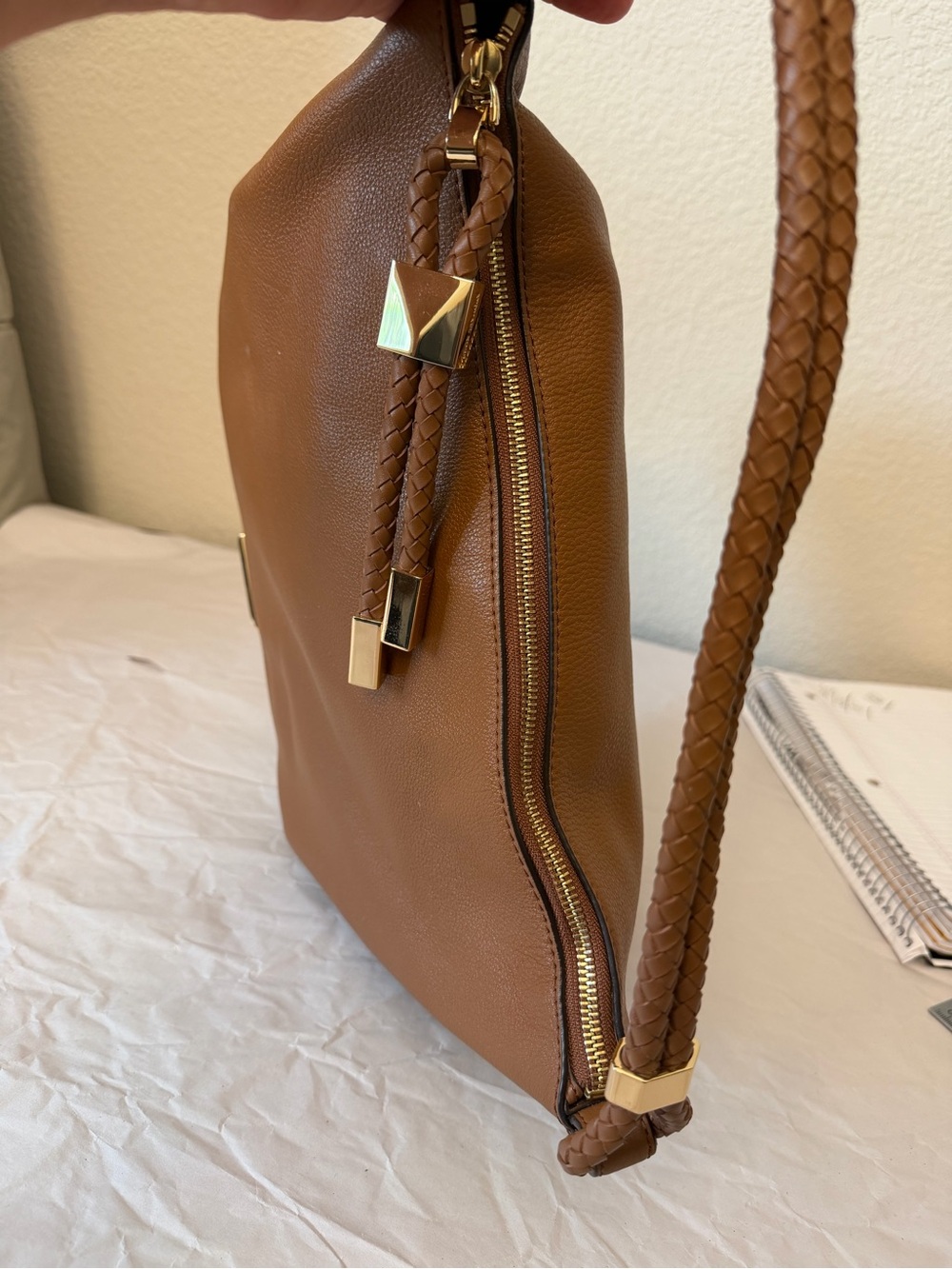 Michael Kors tan Kensington pebbled Braided-Handle shoulder with Gold Accents - Picture 9 of 15